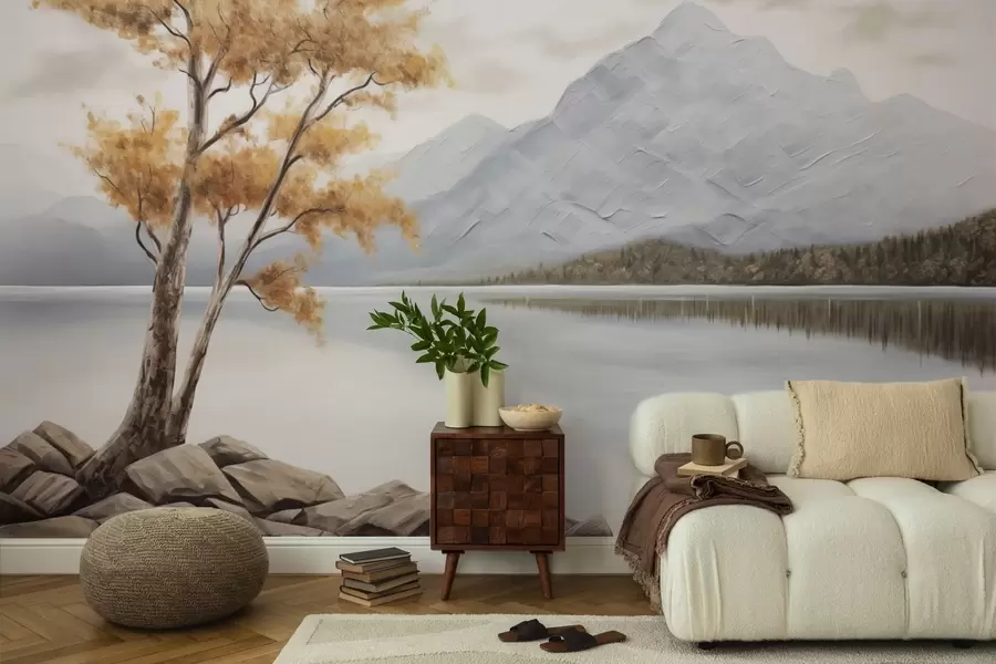 murales de pared Árbol otoñal junto a un lago de montaña, tranquilos tonos pastel w04611