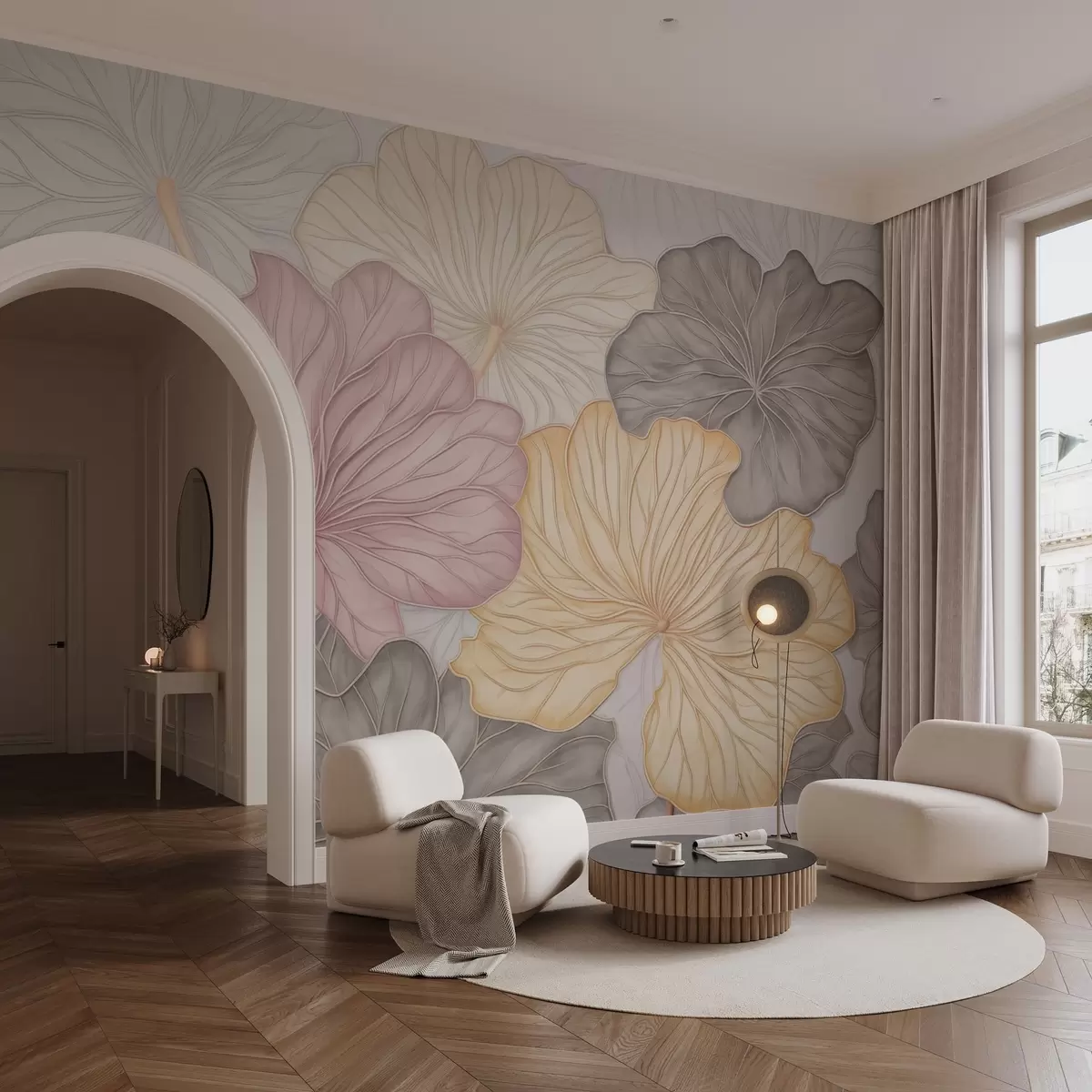 murales de pared Hojas grandes de color pastel con nervaduras finas w04612