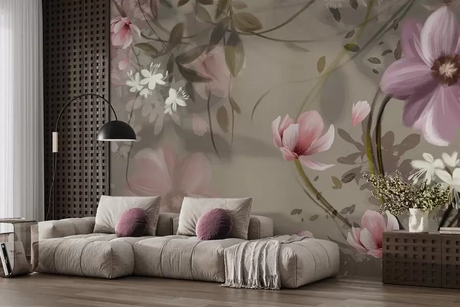 murales de pared Flores rosas y blancas con tallos y hojas marrones, iluminación suave, colores apagados, arreglo floral w09417
