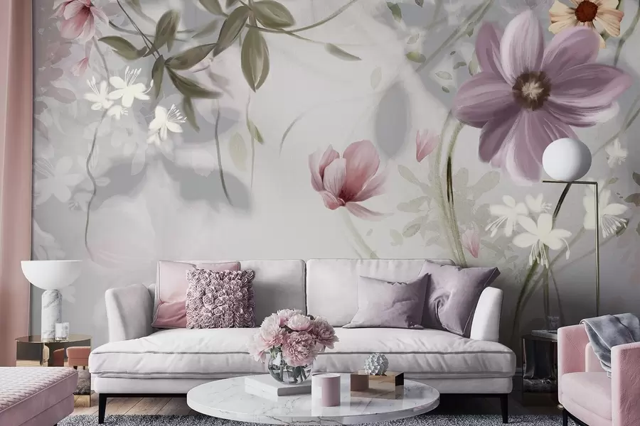 murales de pared Flores rosas y blancas con tallos y hojas verdes, iluminación suave, colores apagados, arreglo floral w09417v1