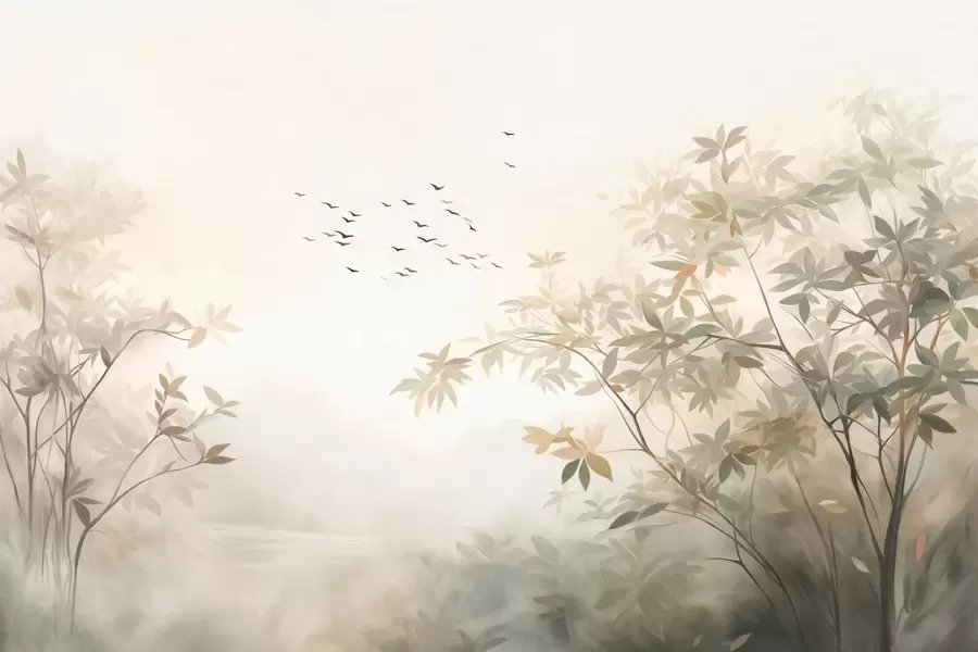 murales de pared Paisaje texturizado con árboles y una bandada de pájaros volando en el cielo, colores pastel, escena natural w09418
