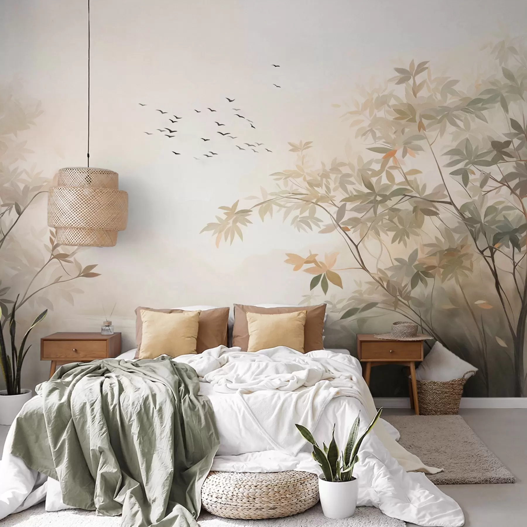 murales de pared Paisaje texturizado con árboles y una bandada de pájaros volando en el cielo, colores pastel, escena natural w09418