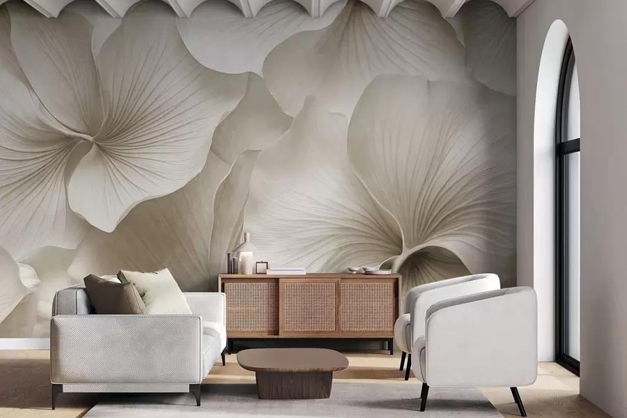 murales de pared Hojas de ginkgo blancas y beige, textura suave, fondo floral abstracto, estilo minimalista moderno w09421v1