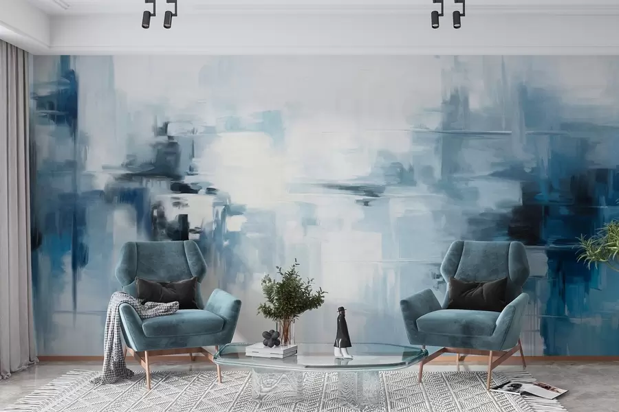 murales de pared Imitación de pintura abstracta de paisaje con textura y pinceladas azules y blancas, estilo moderno w09422