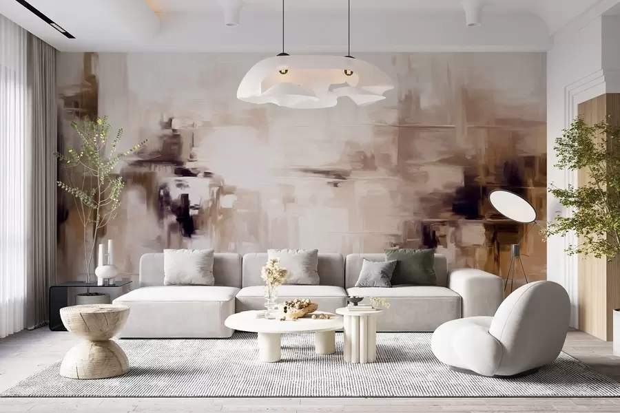 murales de pared Imitación de pintura abstracta de paisaje con textura, con pinceladas marrones y blancas, estilo moderno w09422v1