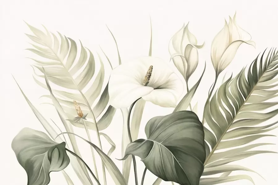 murales de pared Calas blancas y hojas tropicales verdes, ilustración botánica, fondo claro, estilo vintage, texturizado w09423