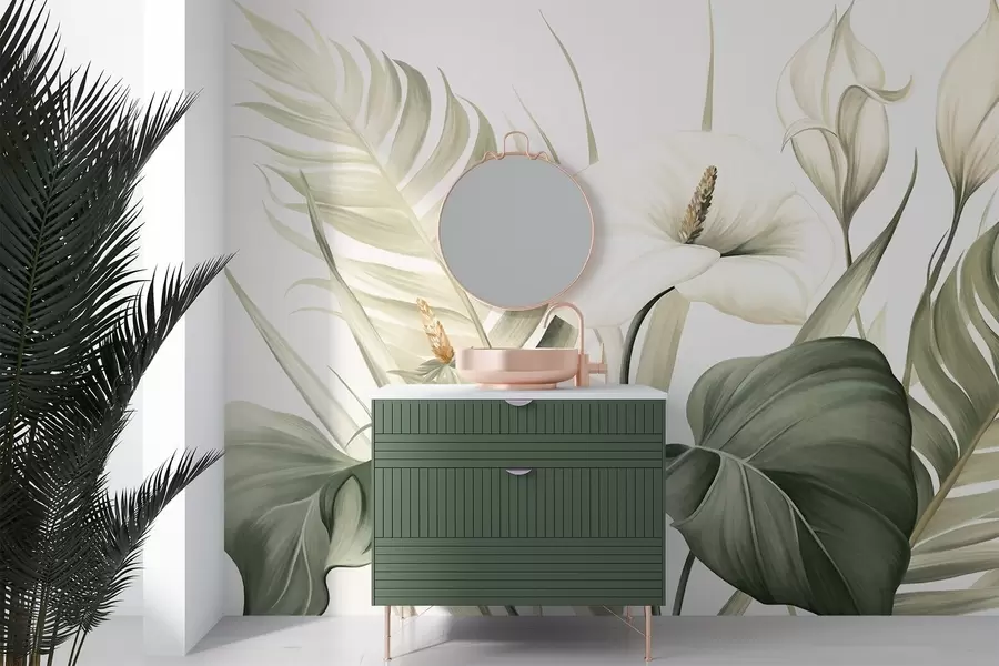 Murales de pared Calas blancas y hojas tropicales verdes, ilustración botánica, fondo claro, estilo vintage, texturizado w09423 murales de pared Calas blancas y hojas tropicales verdes, ilustración botánica, fondo claro, estilo vintage, texturizado w09423