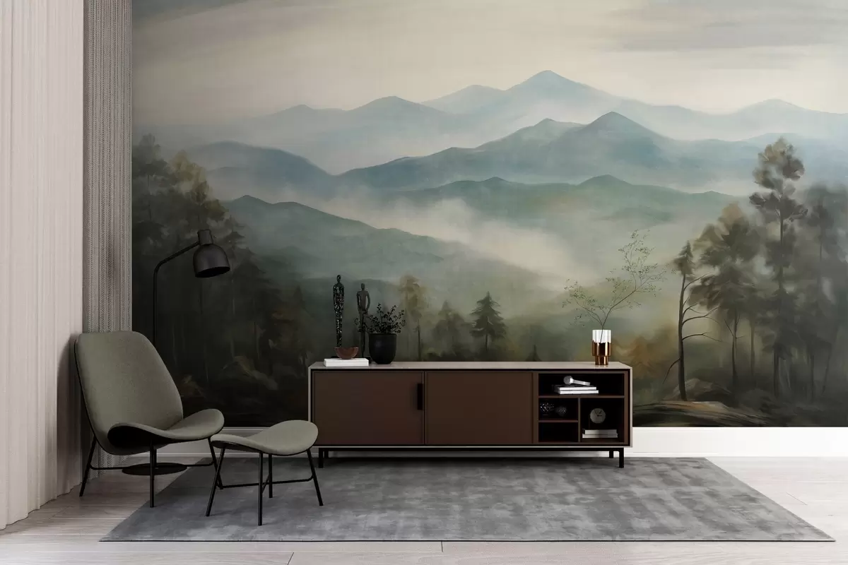 murales de pared Cordillera brumosa con árboles, niebla, cielo nublado, colores apagados, estilo de pintura paisajística w09424
