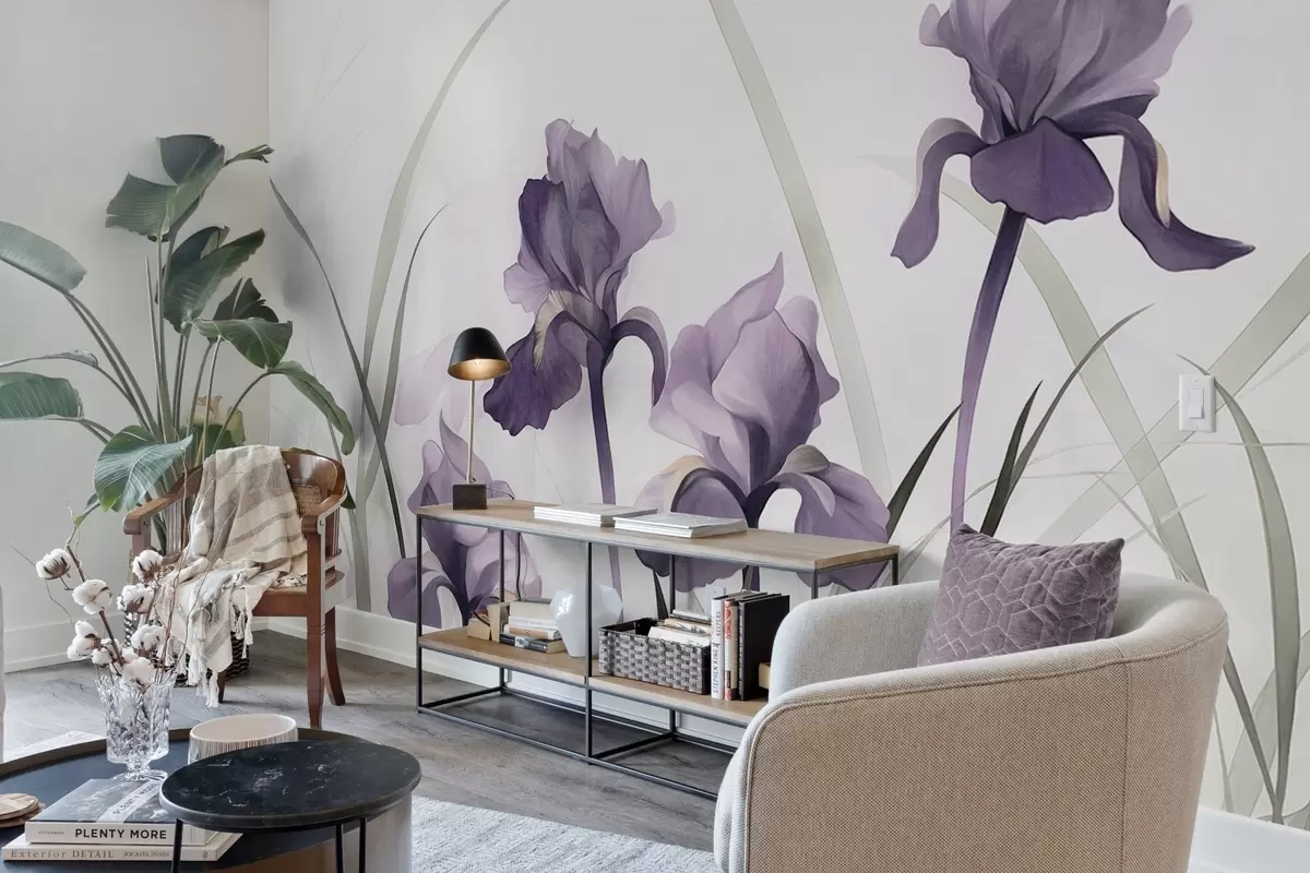 murales de pared Flores de iris moradas con tallos verdes, estilo acuarela, fondo blanco, colores suaves, elegante, artístico w09425