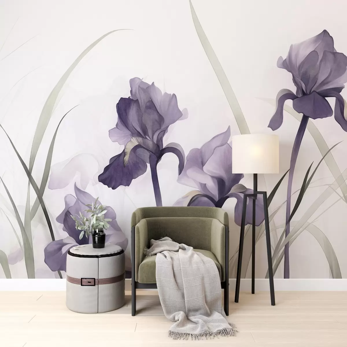 murales de pared Flores de iris moradas con tallos verdes, estilo acuarela, fondo blanco, colores suaves, elegante, artístico w09425