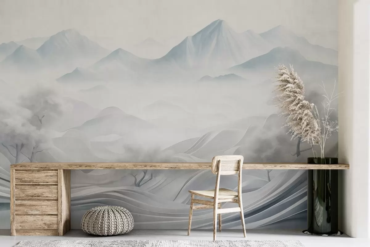 murales de pared Paisaje montañoso abstracto nevado con árboles blancos y niebla, estilo minimalista con textura w09426