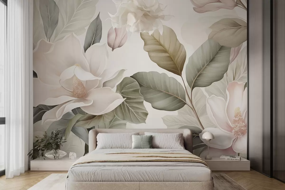 murales de pared Flores de magnolia con hojas en colores pastel, blanco, rosa y verde, suaves, delicadas, estilo acuarela w09427