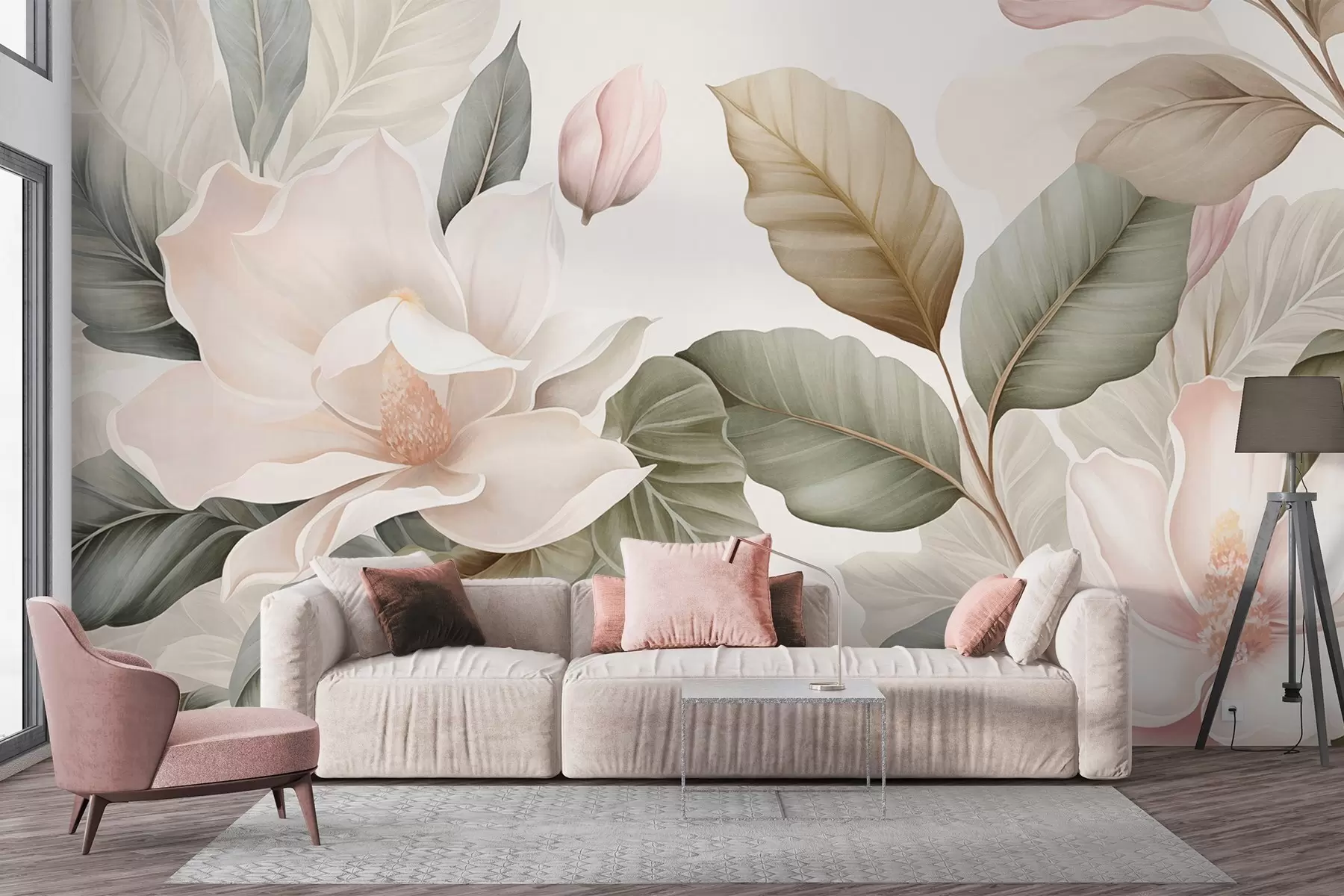 murales de pared Flores de magnolia con hojas en colores pastel, blanco, rosa y verde, suaves, delicadas, estilo acuarela w09427
