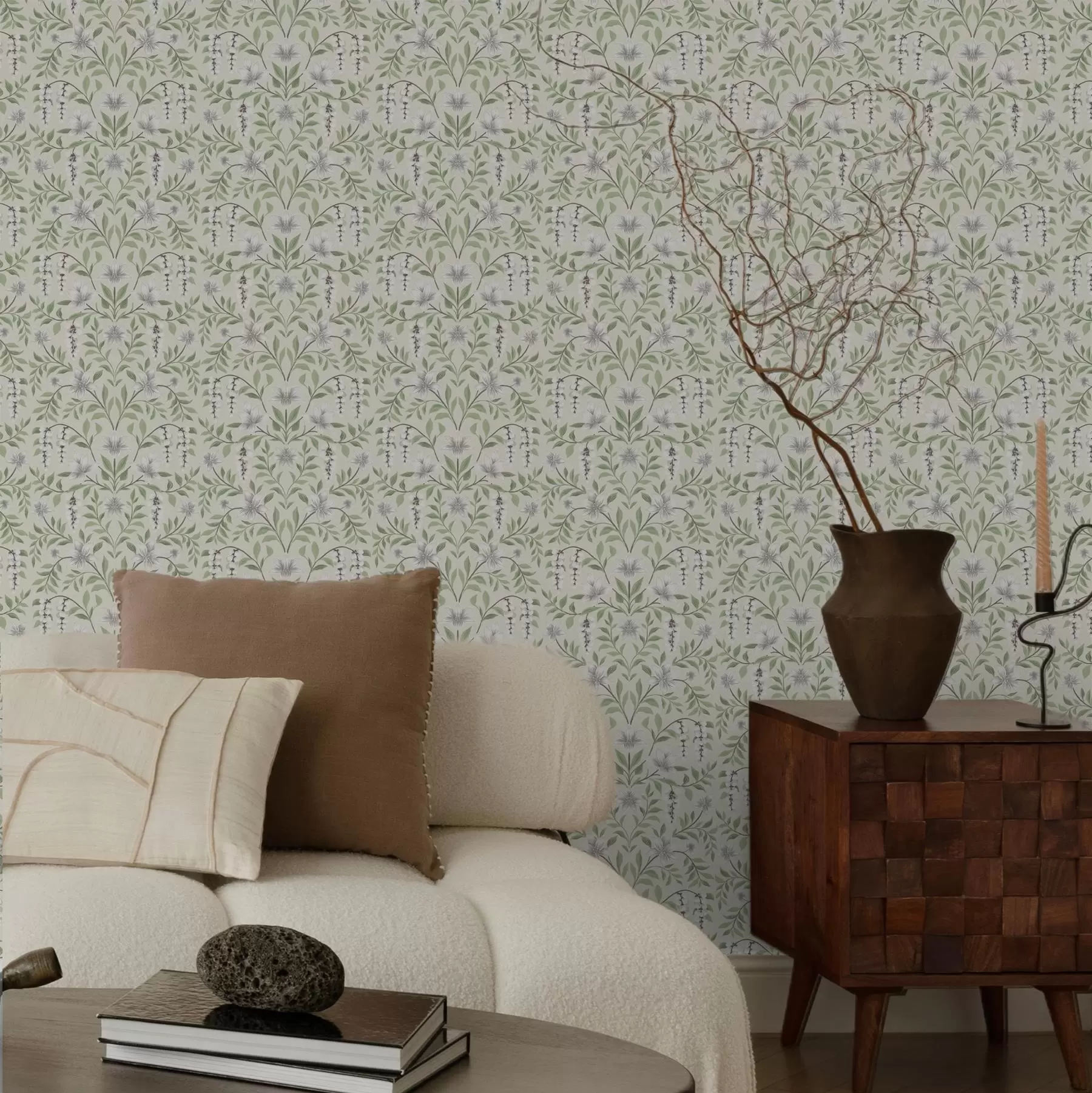 murales de pared Adorno ligero en forma de vid con flores blancas, simétrico a00609