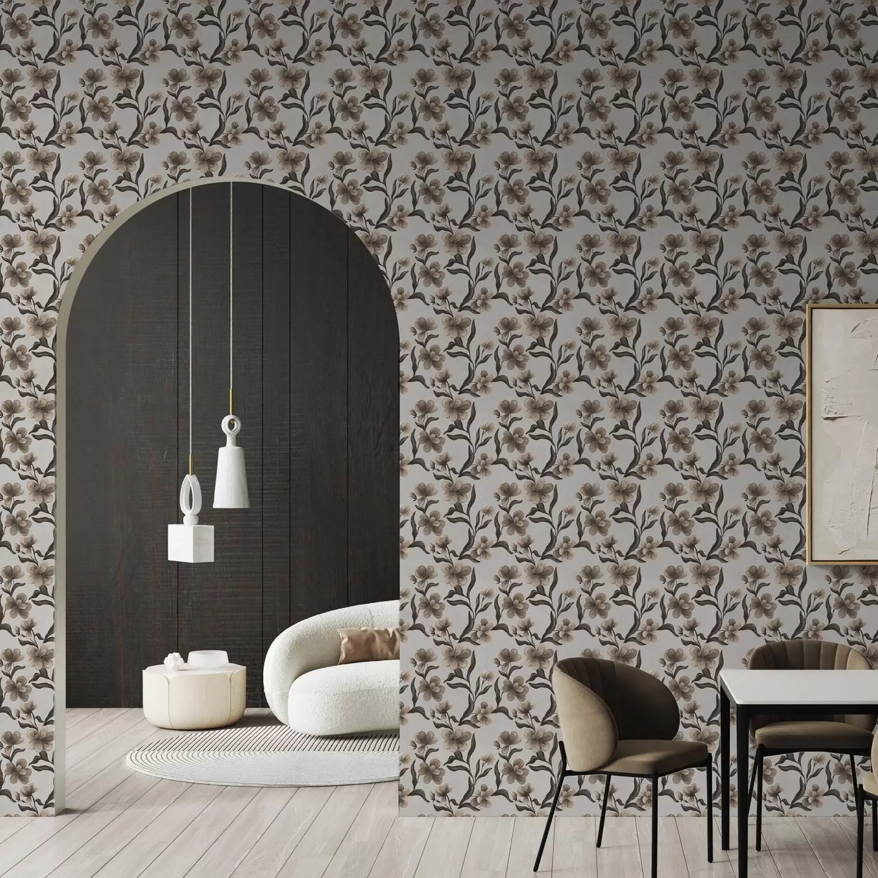 murales de pared Flores beige y ramas oscuras sobre fondo gris claro a00626v1
