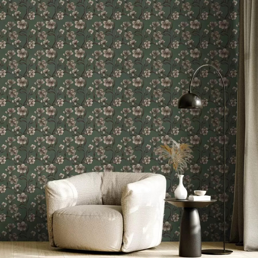 murales de pared Flores beige sobre un fondo verde intenso a00626v3