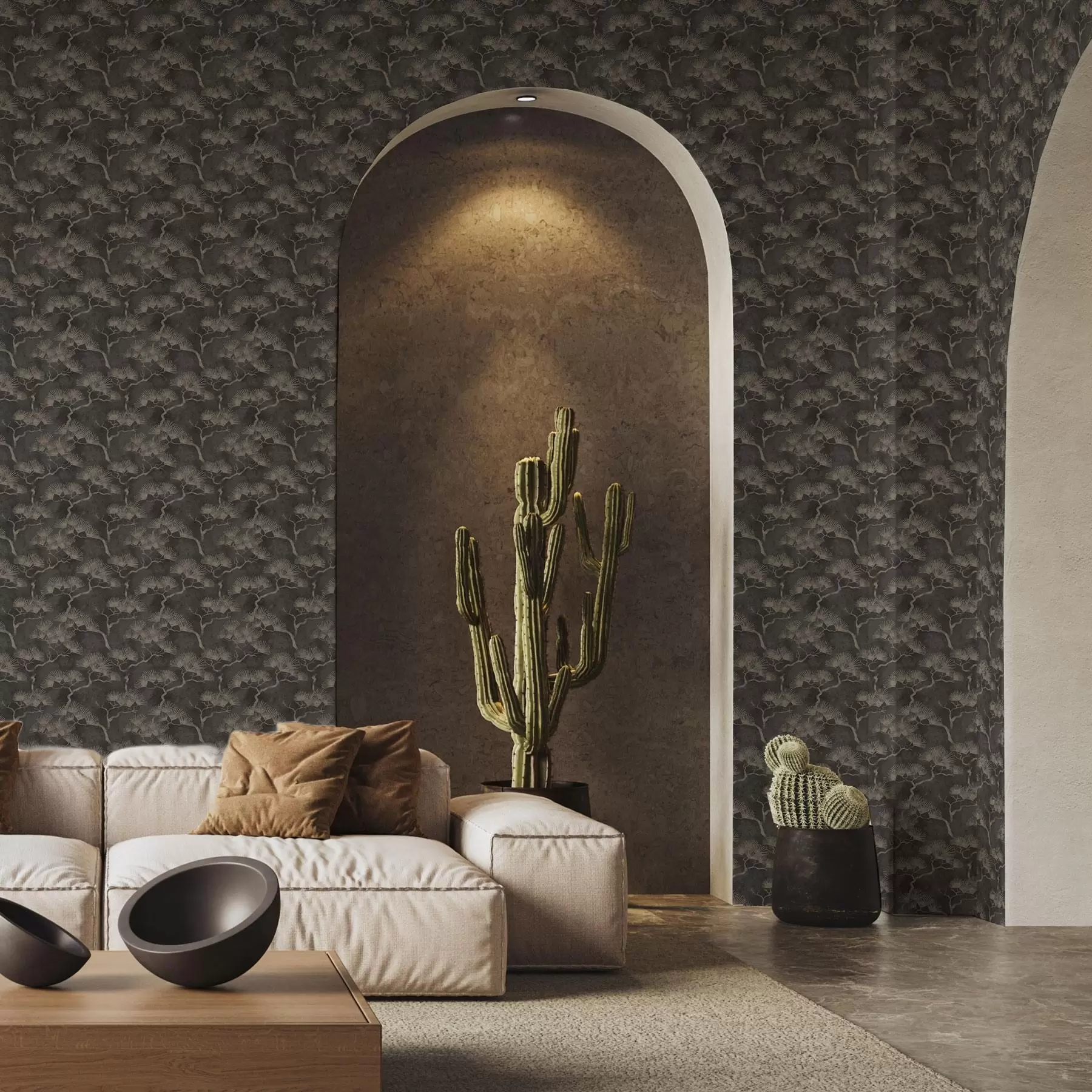 murales de pared Siluetas de pinos sobre fondo oscuro, textura brumosa a00742