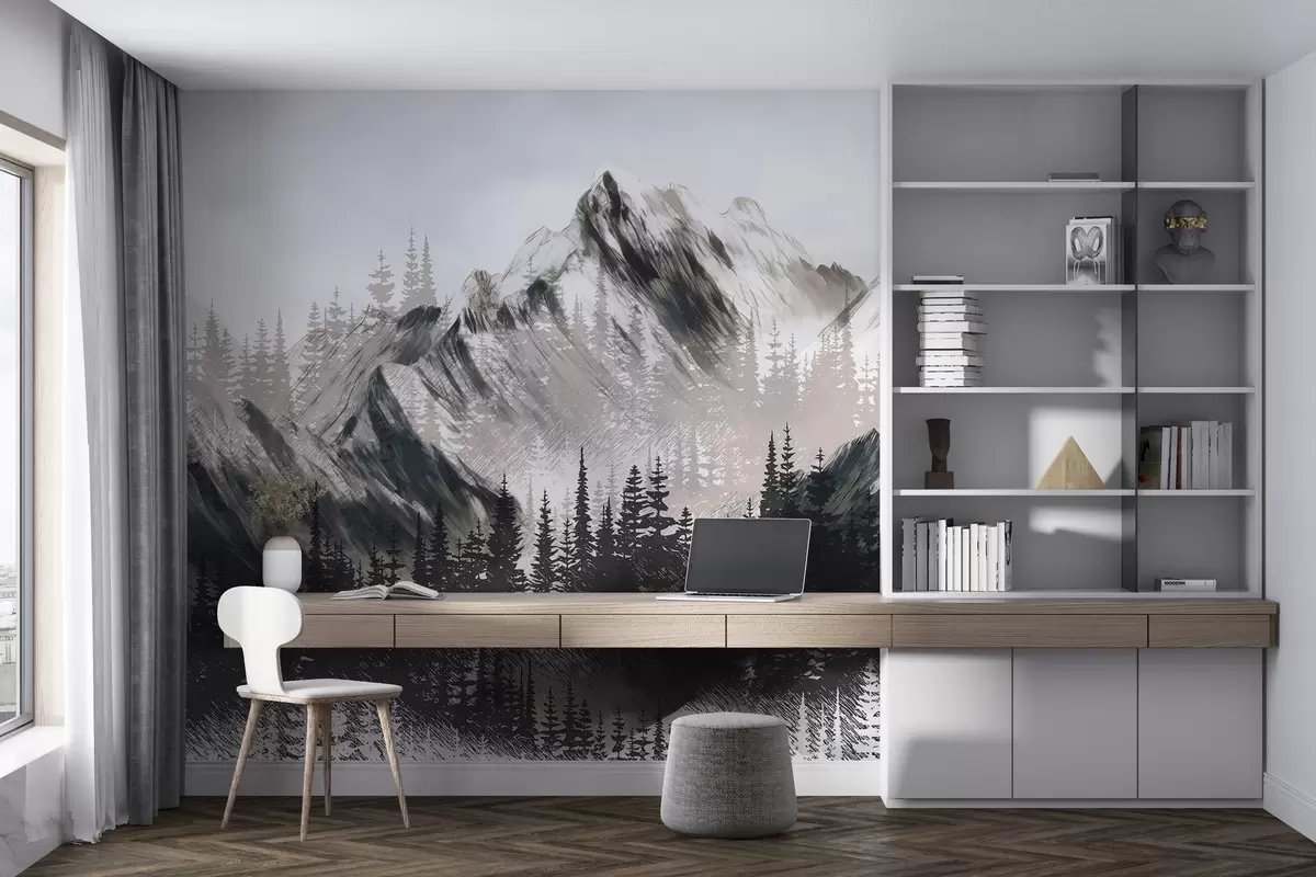 murales de pared Montañas y bosques de coníferas w04666