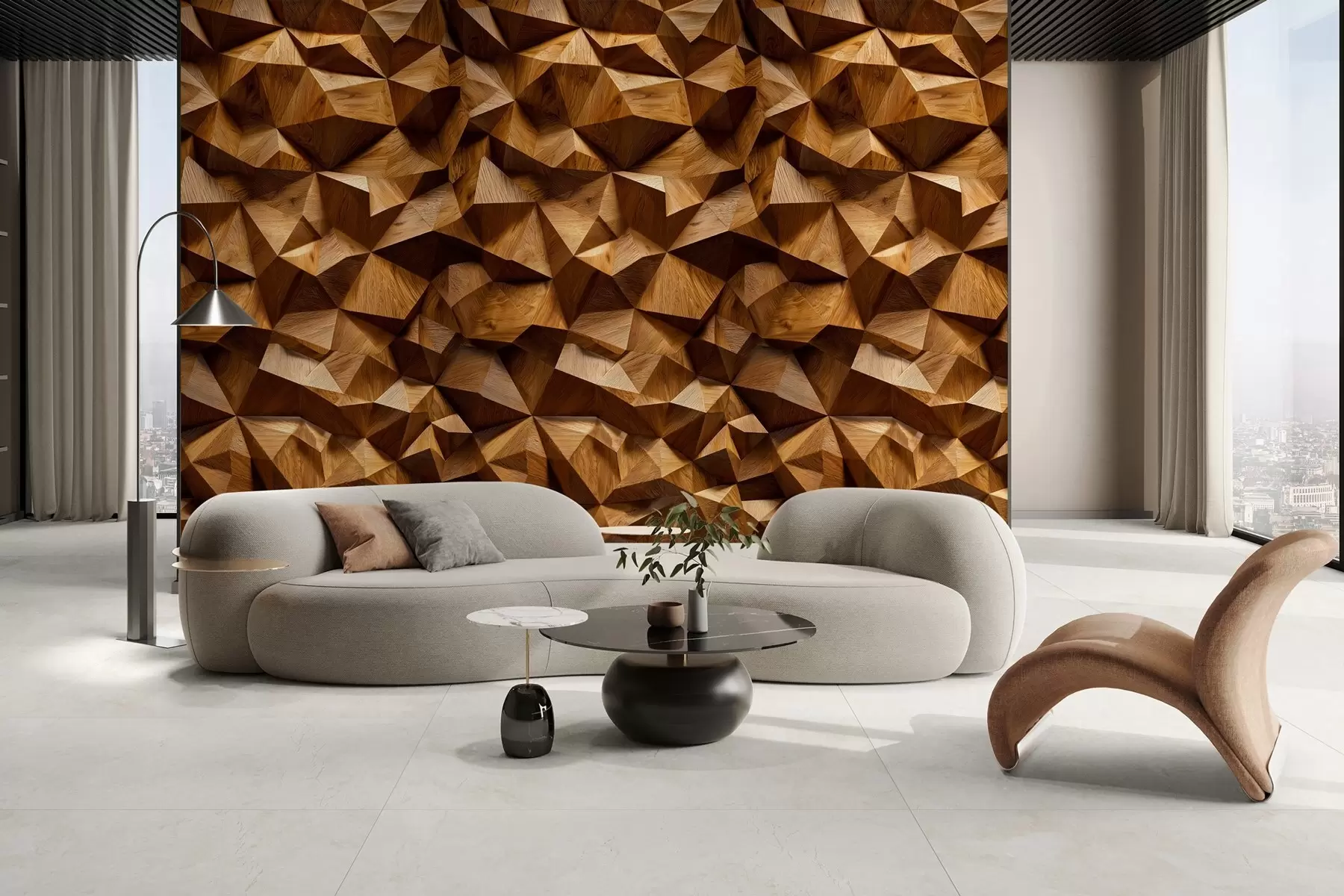 murales de pared imitación de una pared con relieve angular hecha de madera w04632
