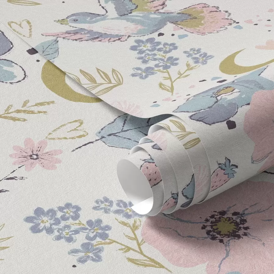 murales de pared Aves y flores en tonos pastel con lunas crecientes sobre fondo blanco a00721