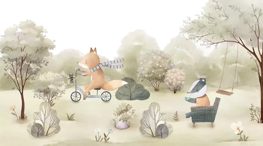 murales de pared Zorro en bicicleta y tejón con té, animales del bosque en estilo acuarela w09439