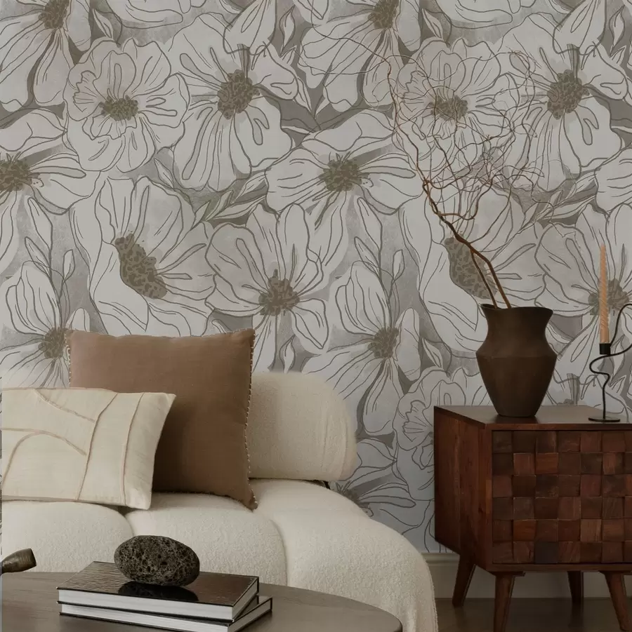 murales de pared Flores lineales en una paleta monocromática de tonos beige y gris a00636