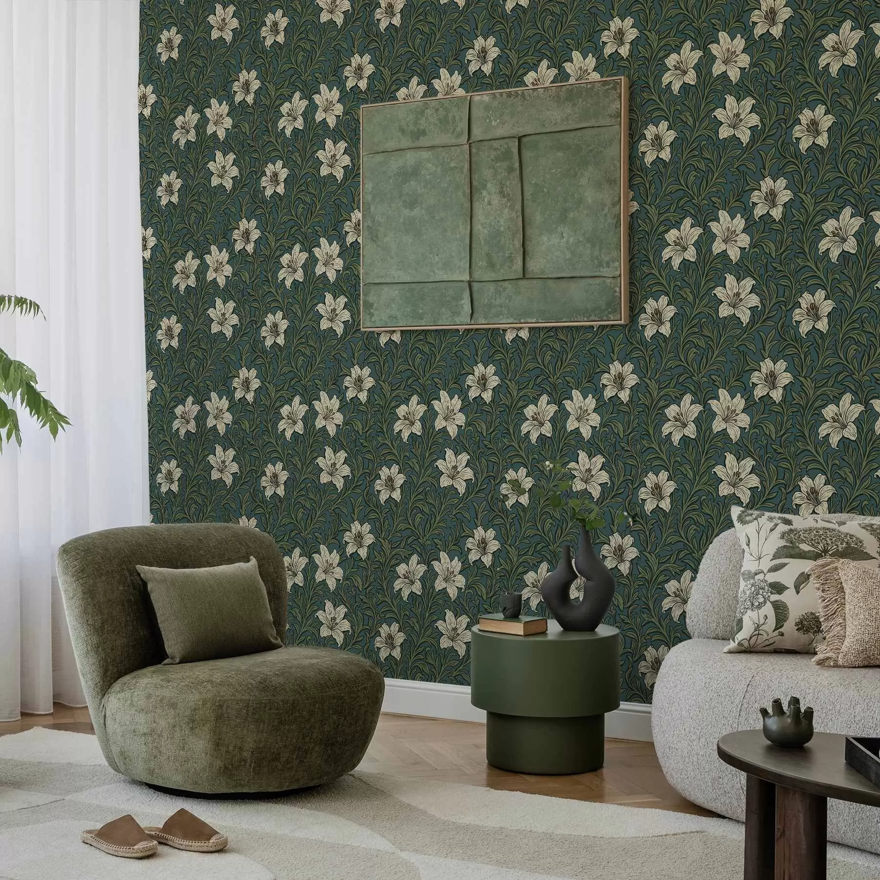 murales de pared Lirios crema entre una densa vegetación sobre un fondo turquesa a00645