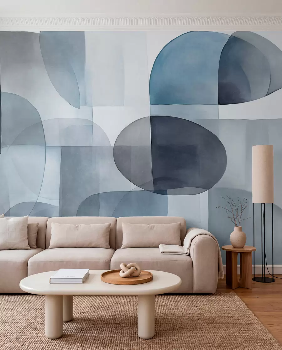 murales de pared Formas abstractas con textura en tonos grises y azules, tonos apagados, composición minimalista, fondo neutro w09467v1