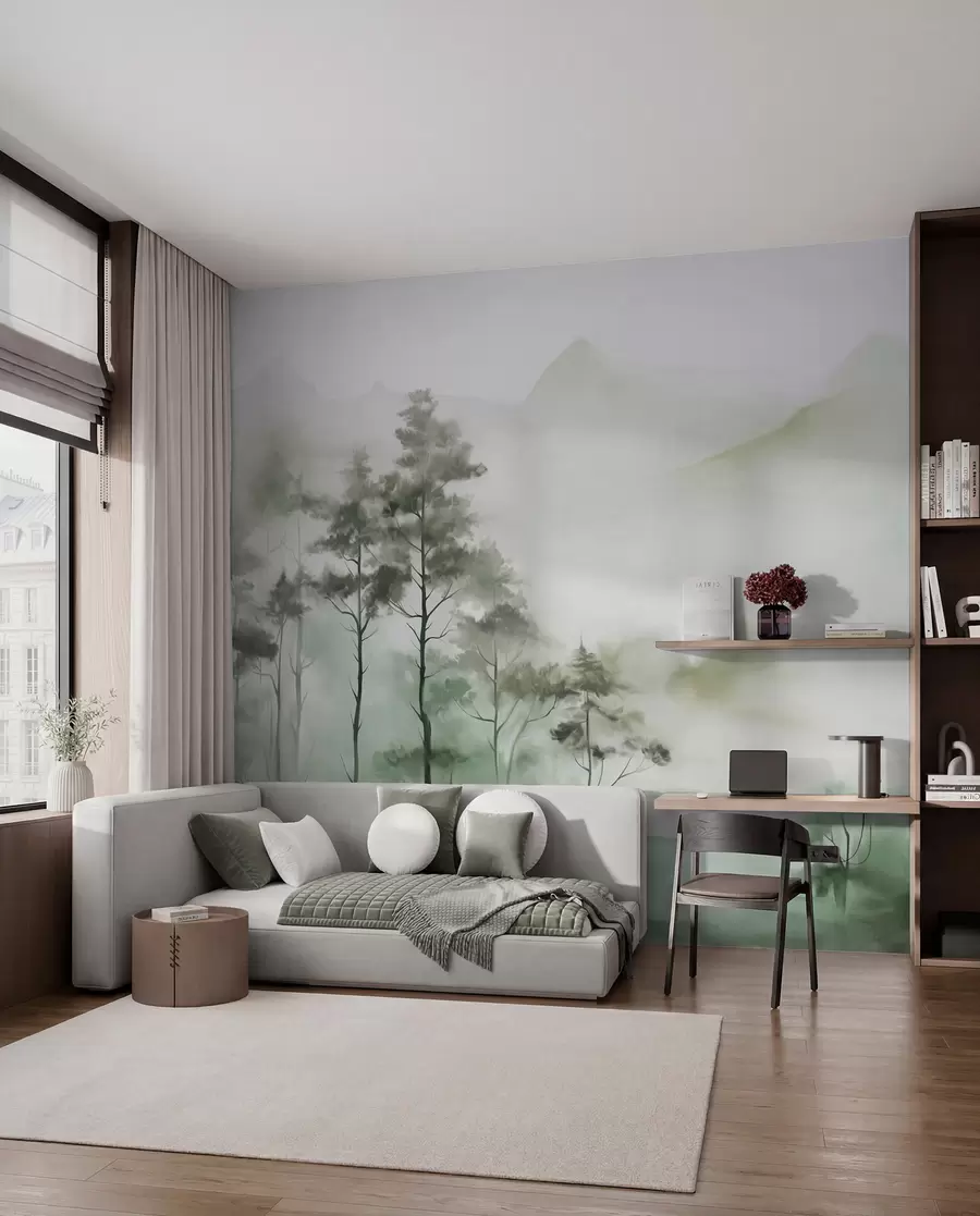 murales de pared Paisaje brumoso con árboles altos y montañas en tonos verdes y grises apagados, estilo minimalista, texturizado w09469