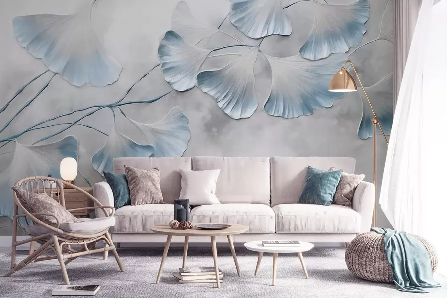 murales de pared Hojas de ginkgo biloba con bordes azules en una rama, fondo gris texturizado, diseño elegante y minimalista w09472v1