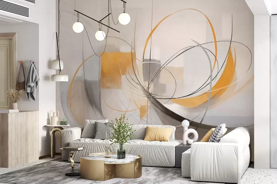 murales de pared Estilo pictórico moderno abstracto con texturas, líneas curvas y formas geométricas en tonos grises, blancos y naranjas w09476