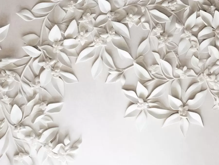 murales de pared Flores y hojas blancas con textura, arreglo floral, diseño elegante, estilo minimalista, arte decorativo w09479