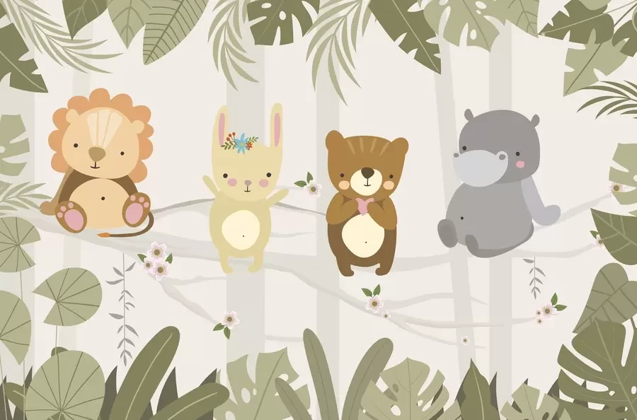 murales de pared Lindo león, conejo, oso e hipopótamo entre las hojas w04682
