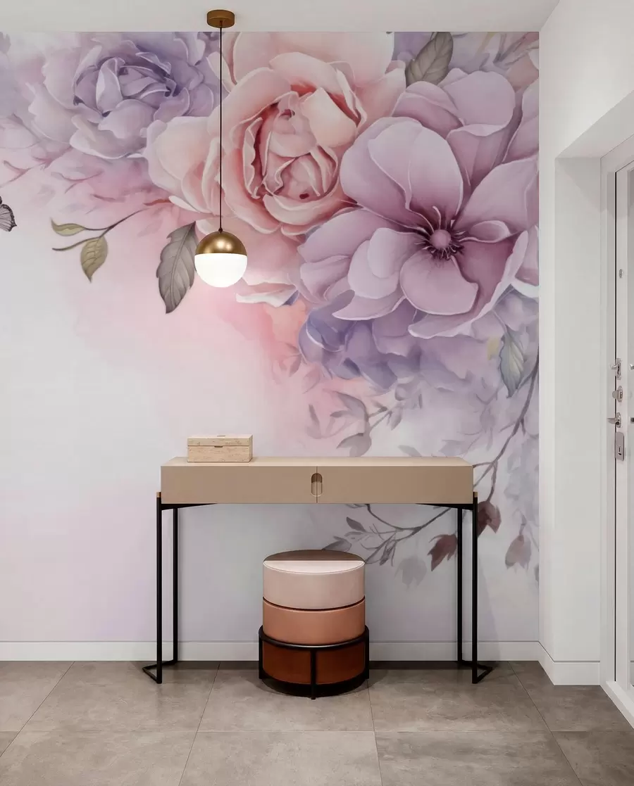 murales de pared Delicadas flores rosas y lilas con una mariposa w04711