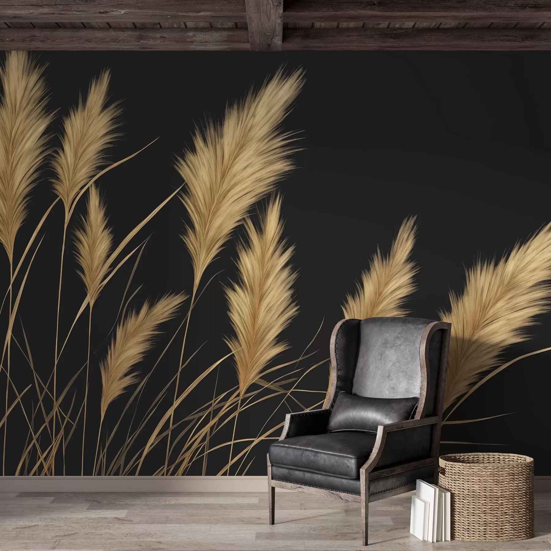 murales de pared Espigas de trigo esponjosas sobre un fondo oscuro w04734