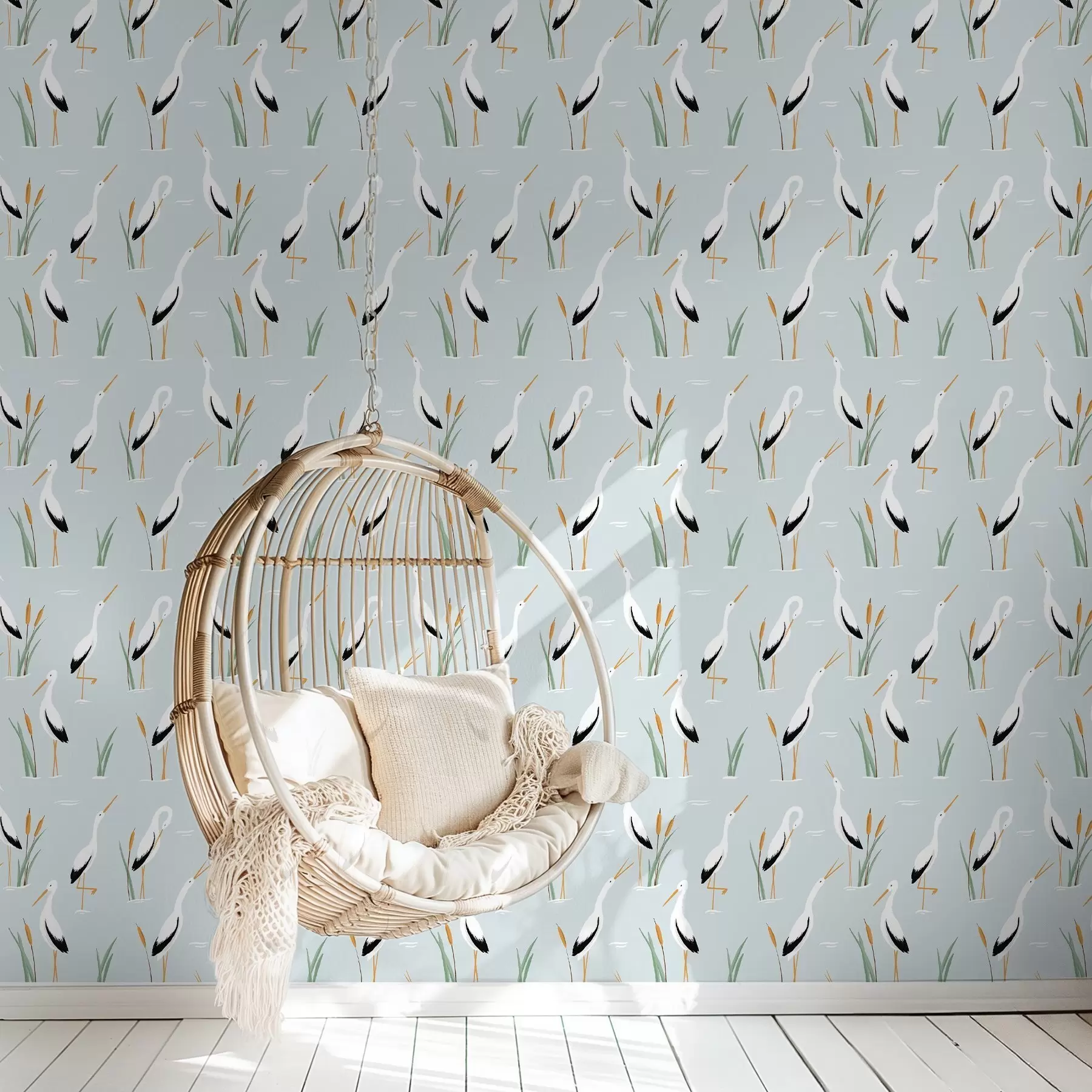 murales de pared Garzas entre juncos sobre un suave fondo azul a00650v1