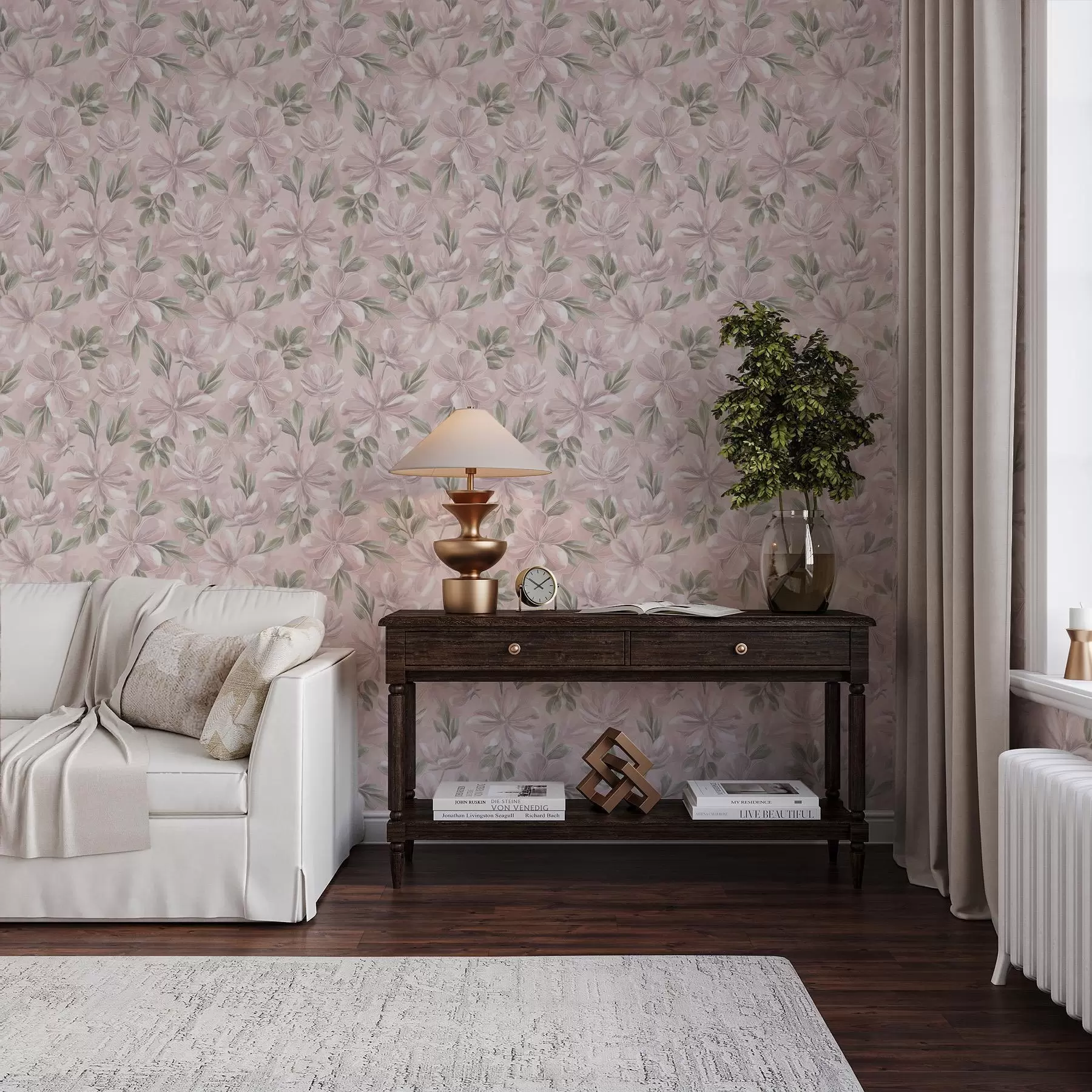 murales de pared Flores rosas con hojas delicadas sobre un fondo suave a00675