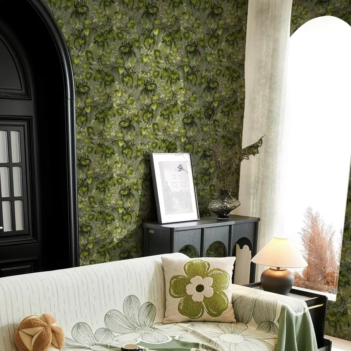Papel pintado Denso follaje verde sobre un fondo gris verdoso a00805v1