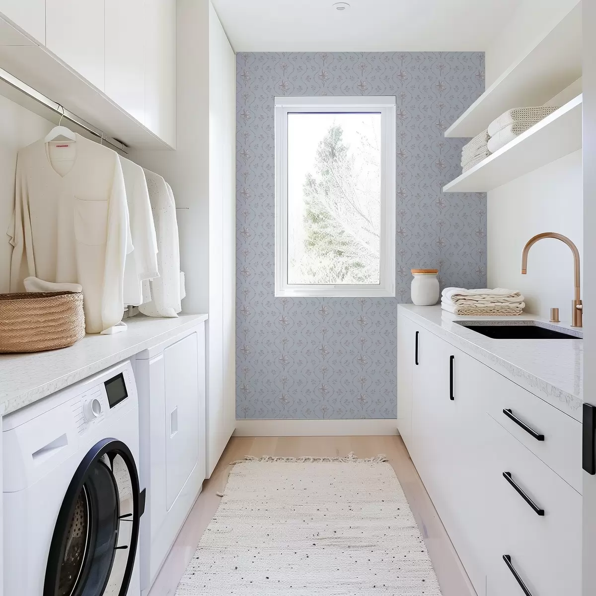 Papel pintado Pequeñas flores y cintas en tonos azul pálido a00808v1