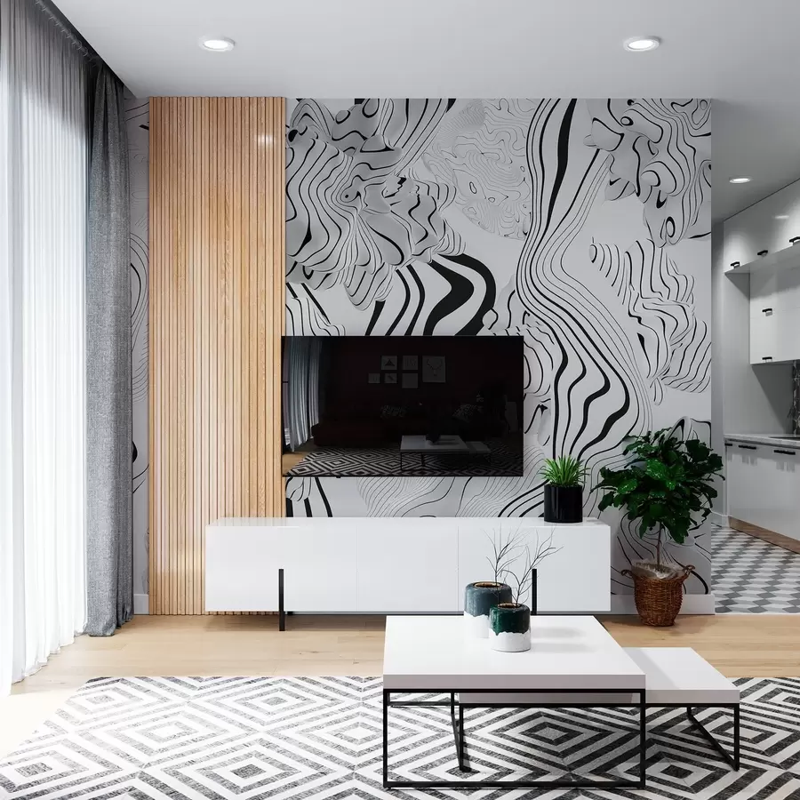 murales de pared formas orgánicas abstractas en estilo 3D en tonos blancos y grises con rayas negras w04627