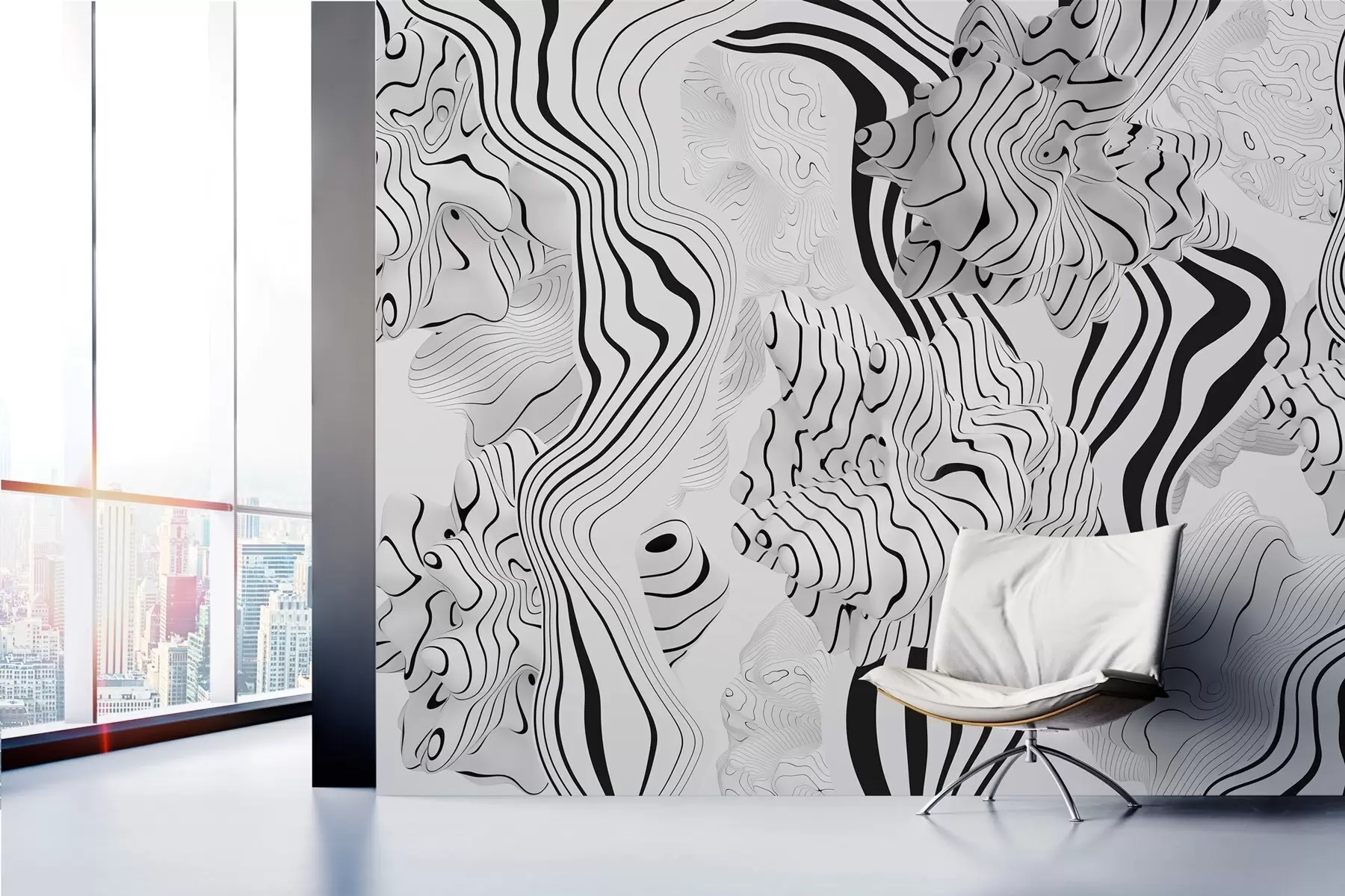 murales de pared formas orgánicas abstractas en estilo 3D en tonos blancos y grises con rayas negras w04627