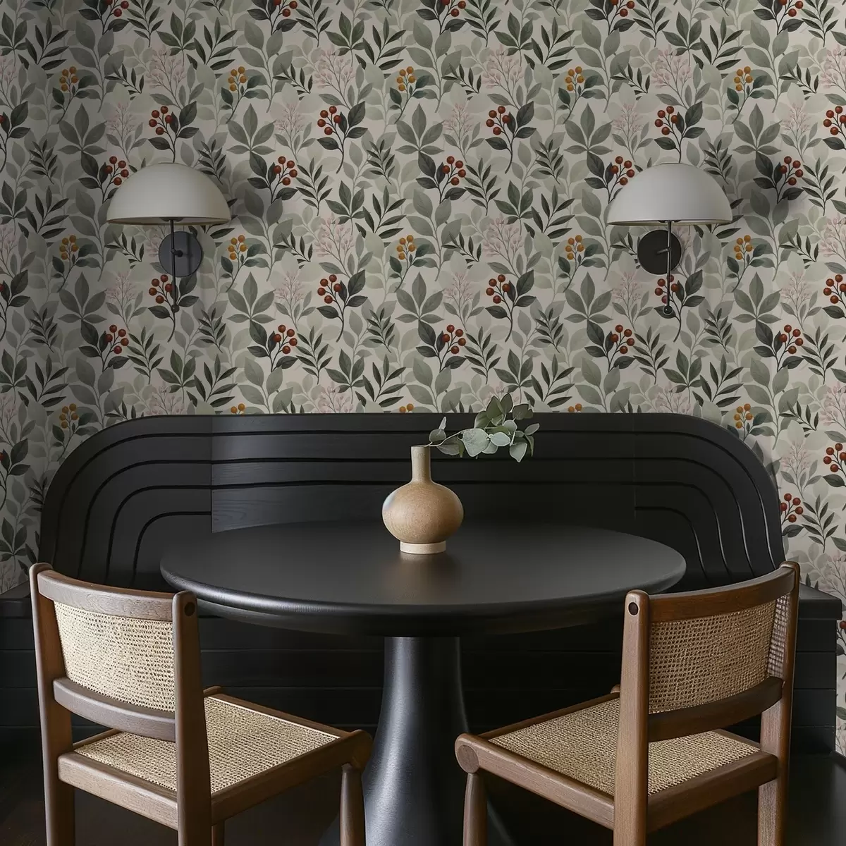 Papel pintado Hojas con bayas, fondo claro a00713