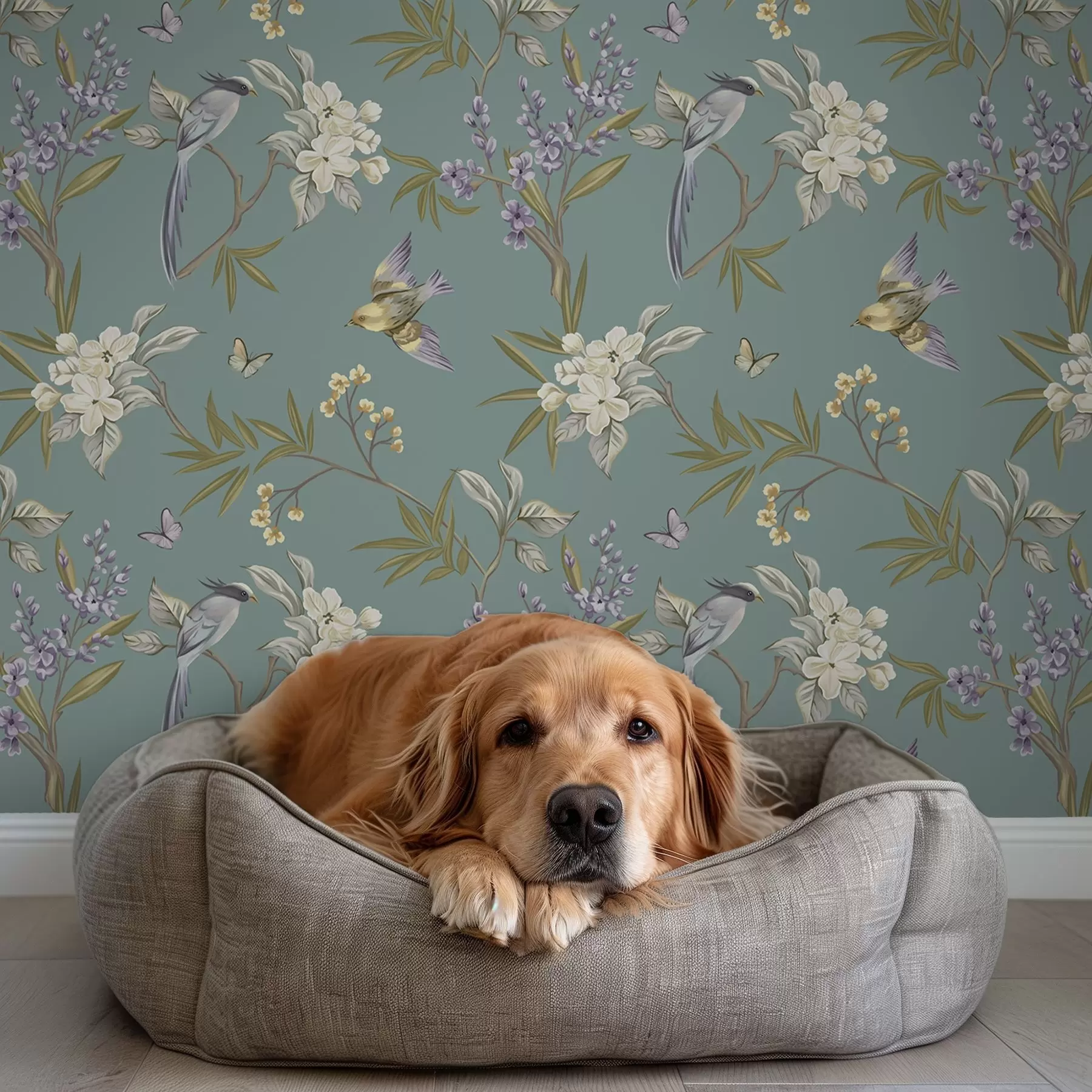 murales de pared Pájaros, flores y mariposas sobre un fondo azul grisáceo a00735