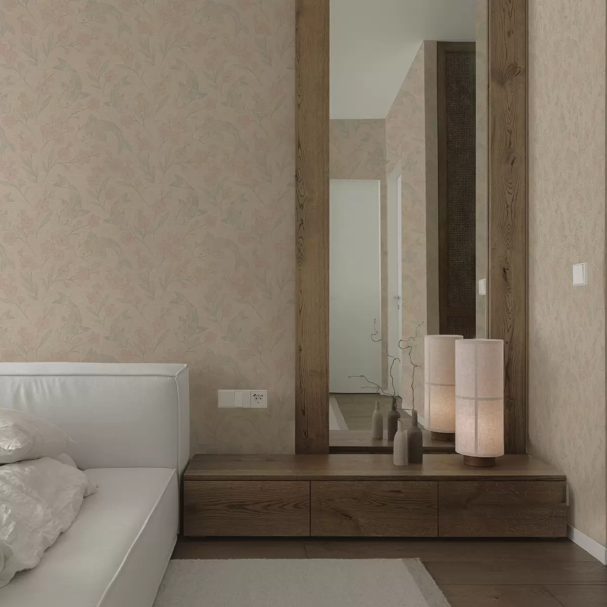 Papel pintado Carpas entre flores en suaves tonos beige y rosa a00766