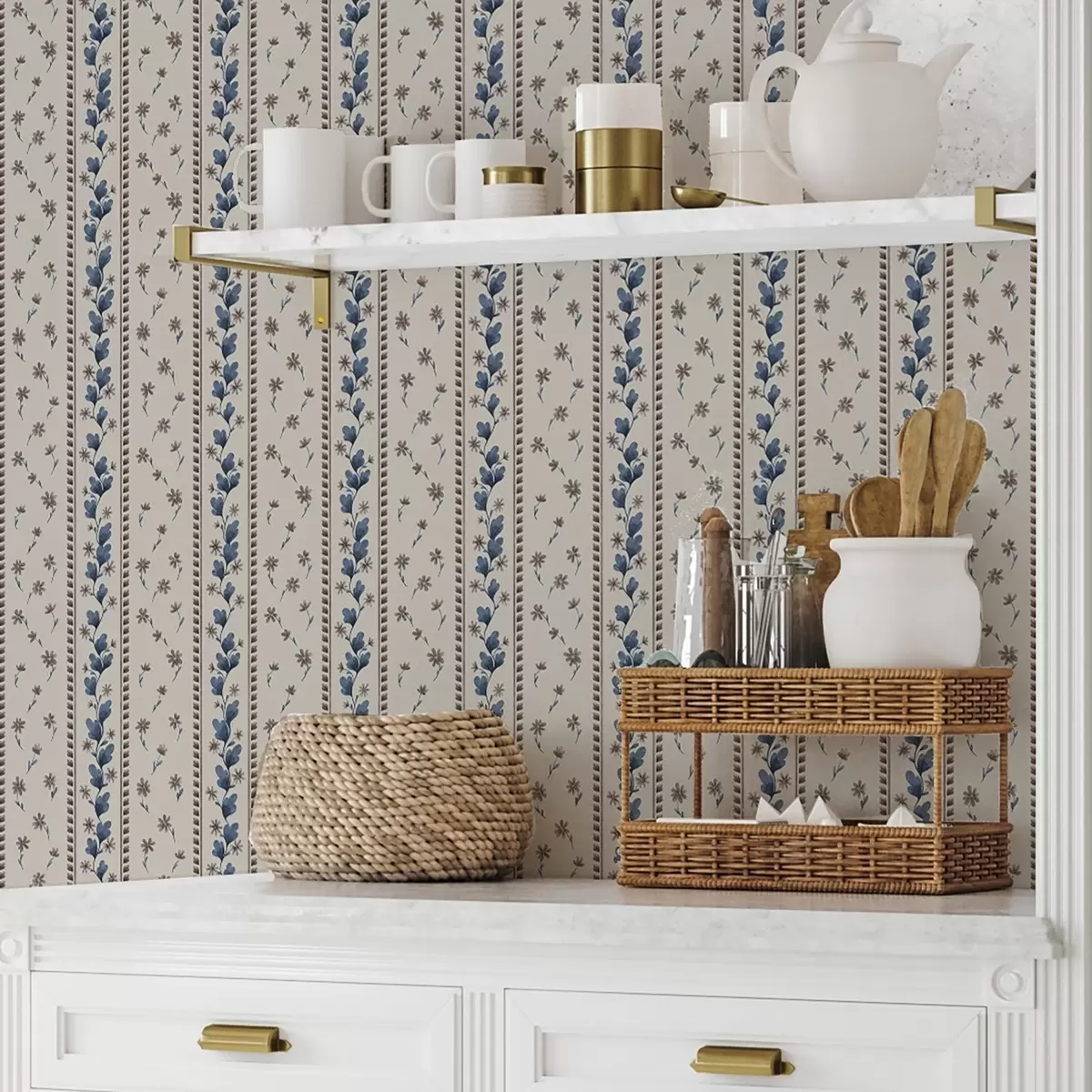 Papel pintado Rayas florales verticales en tonos azul y marrón a00811v3