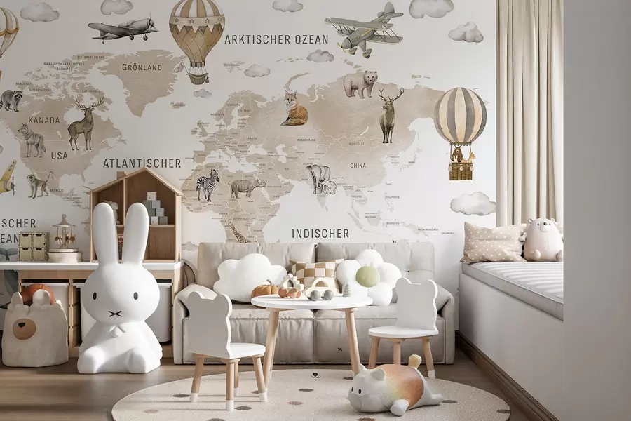 murales de pared Mapa infantil en estilo acuarela con animales y globos aerostáticos. En alemán. Color beige. c00001dev2