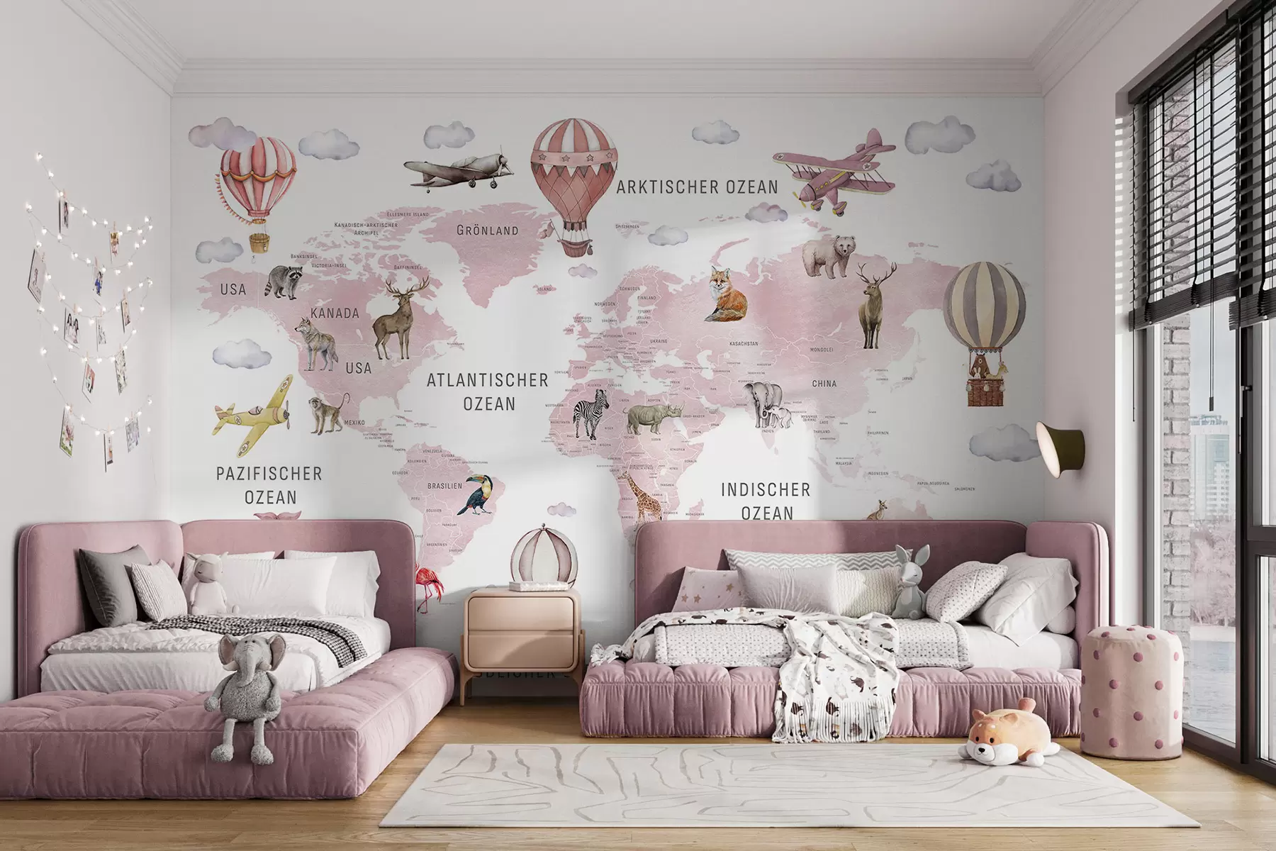 murales de pared Mapa infantil en estilo acuarela con animales y globos aerostáticos. En alemán. Color rosa c00001dev3