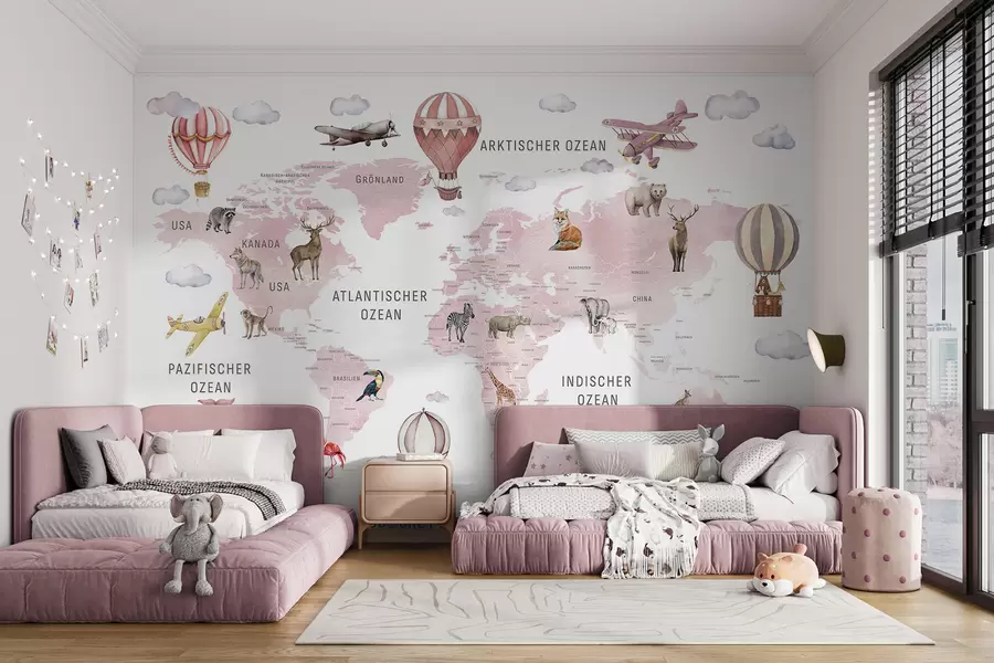 murales de pared Mapa infantil en estilo acuarela con animales y globos aerostáticos. En alemán. Color rosa. c00001dev3