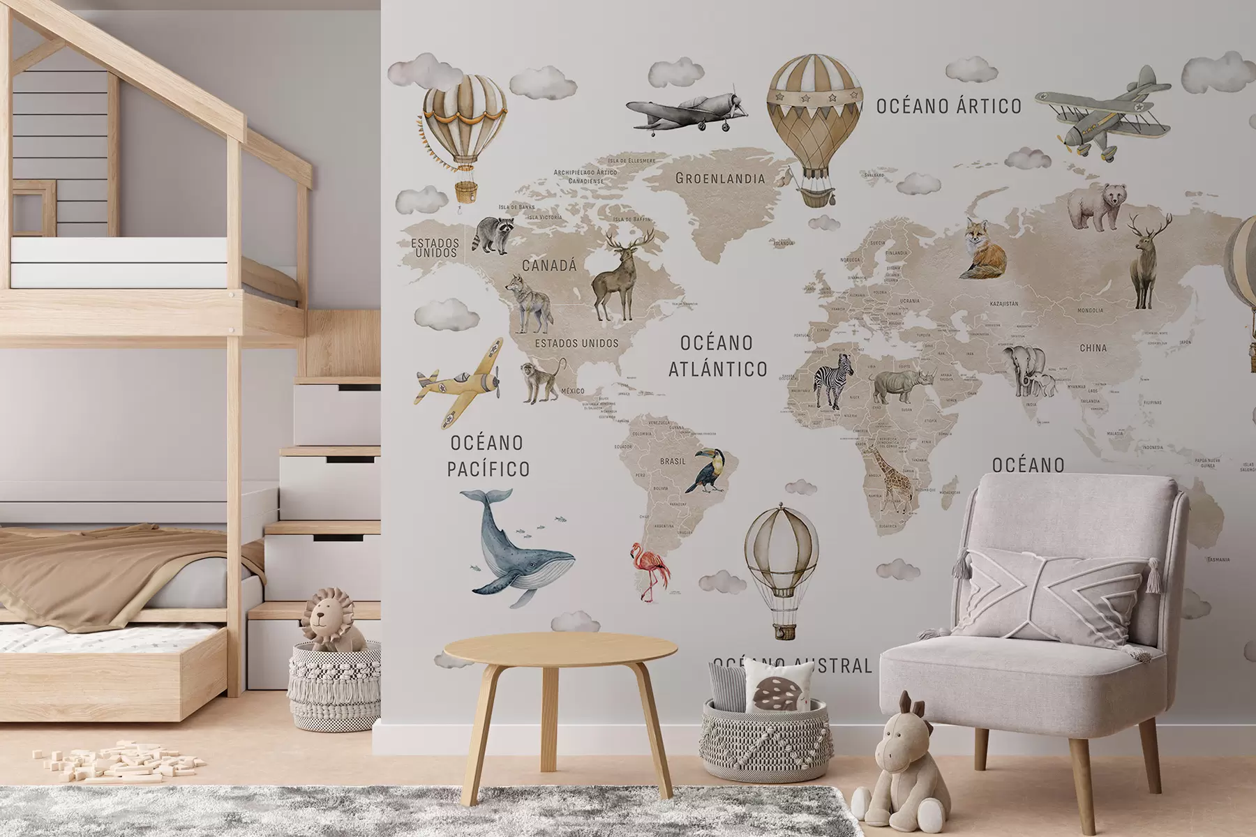 murales de pared Mapa de estilo acuarela para niños con animales y globos aerostáticos. En español. Color beige. c00001esv2