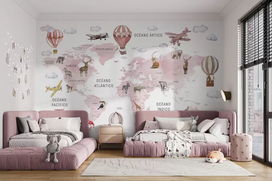 murales de pared Mapa infantil en estilo acuarela con animales y globos aerostáticos. En español. Color rosa. c00001esv3